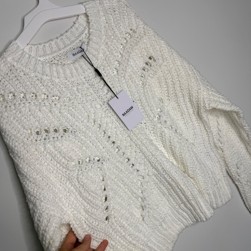 C17 Naadam Luxe Chunky Cotton Novelty Pointelle Crew Sweater White Small NWT - Picture 6 of 9